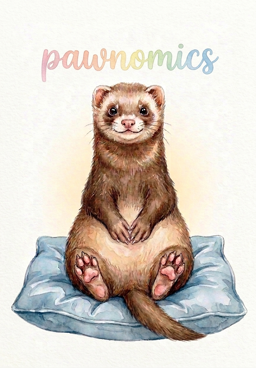 Eliseo, curious albino ferret from the Pawnomics book series